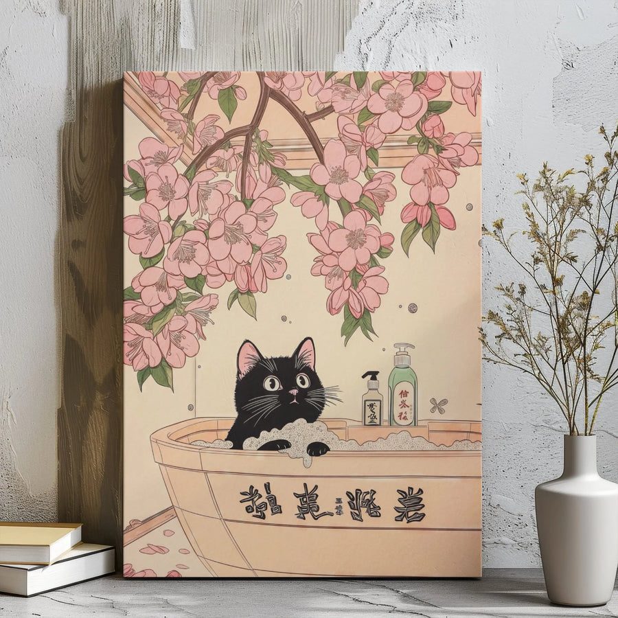 Japanese Ukiyo-e Black Cat Wall Art | Cherry Blossom Bathtub Illustration | Premium Gallery Wrap Canvas | Unique Cat Lover Gift Decor