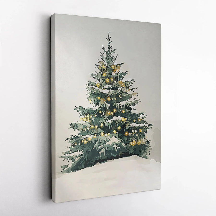 Snowy Christmas Tree Canvas Art | Lit Evergreen Winter Forest Print | Premium Gallery Wrapped Wall Decor | Festive Holiday Home Gift