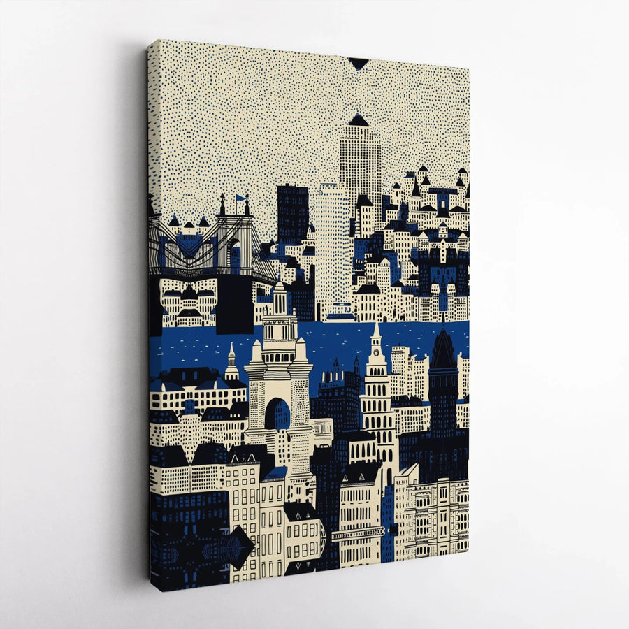 Retro City Skyline Vertical Canvas | Navy Blue & Cream Illustrated Stipple Cityscape Art | Premium 1.25" Gallery Wrap Wall Art | Modern Home & Office Decor Gift