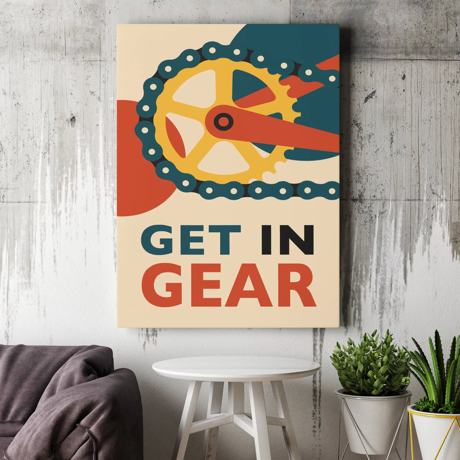 Cycling Wall Art Canvas | Get In Gear Bicycle Chain Print | Premium Gallery Wrap Decor | Motivational Sports Gift For Cyclists