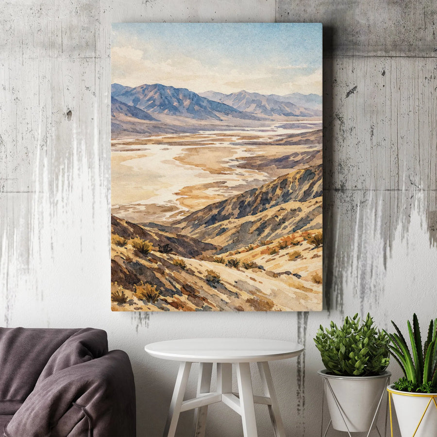 Desert Landscape Vertical Canvas | Watercolor Mountain Valley Painting | Premium Gallery Wrapped Wall Art | Modern Rustic Home Decor Gift