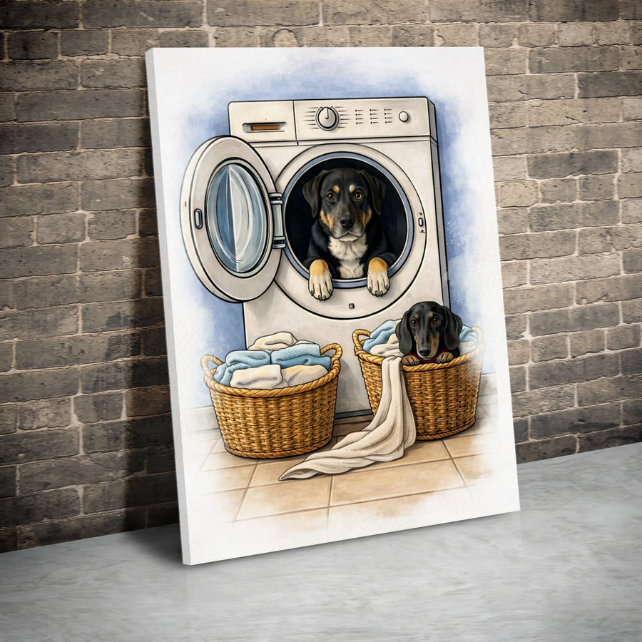 Dog Laundry Room Canvas Wall Art | Rottweiler and Dachshund Funny Pet Portrait | Gallery-Wrapped Premium Decor | Cute Animal Home Gift for Dog Lovers