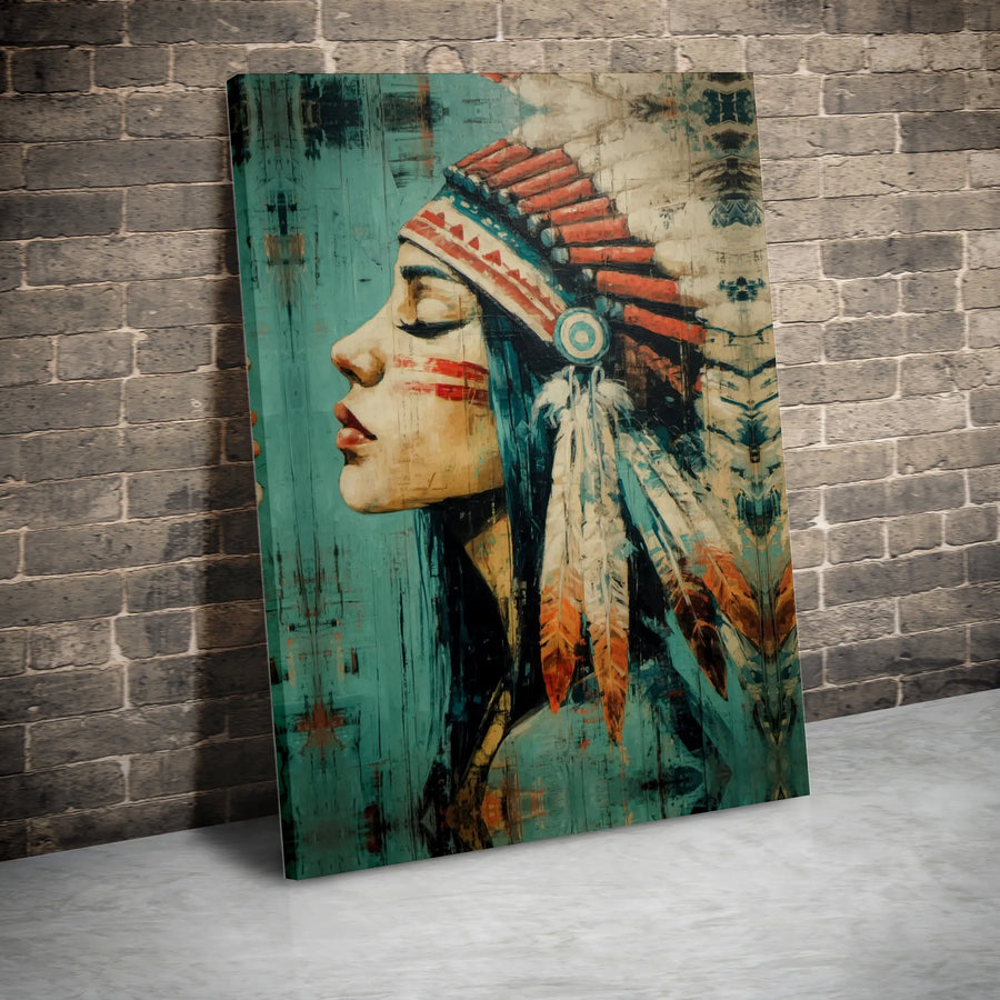 Native American Woman Wall Art | Abstract Feather Headdress Portrait | Premium Gallery Wrapped Canvas | Cultural Home Decor Gift
