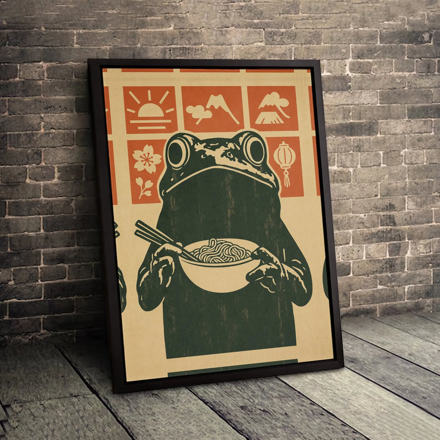 Japanese Ramen Frog Wall Art | Vintage Ukiyo-E Inspired Ramen Poster | Gallery Quality 1.25 Inch Thick Canvas | Whimsical Kitchen Decor Gift