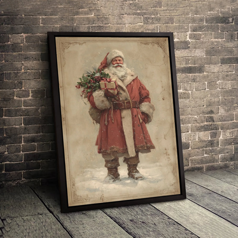 Vintage Santa Claus Wall Art | Traditional Christmas Portrait with Holly | Premium Gallery-Wrapped Canvas | Holiday Home Decor Gift