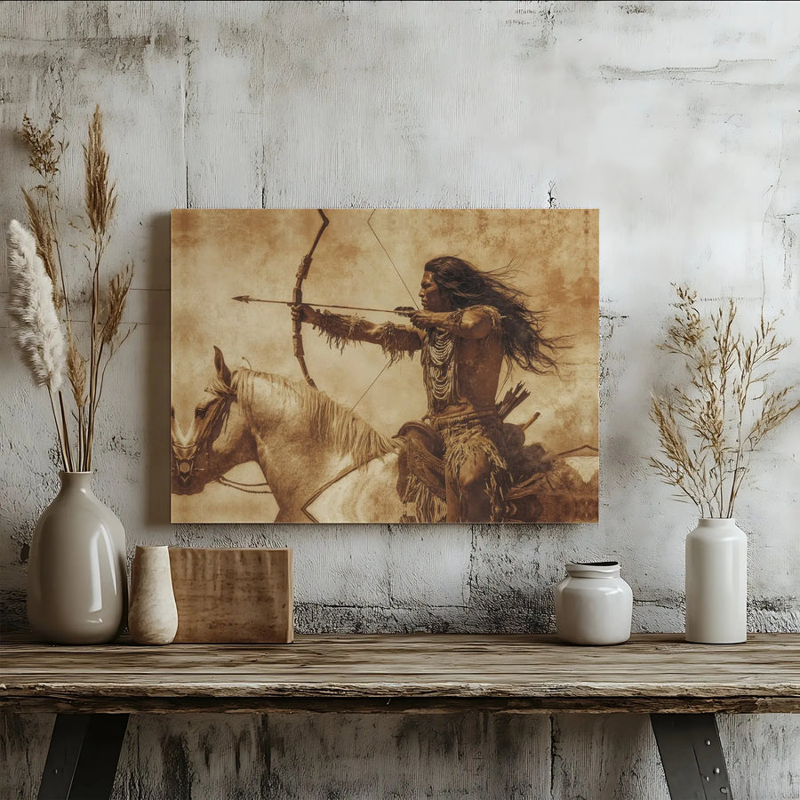 Native American Warrior Canvas Print | Horseback Archer Sepia Wall Art | Premium 1.25 Inch Gallery Wrap | Western Home Office Decor Gift