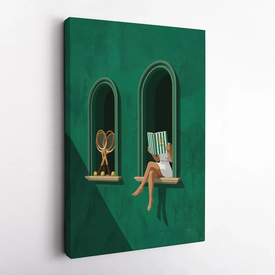 Vintage Tennis Canvas Print | Woman Reading Minimalist Graphic Art | Premium Thick Gallery Wrap Canvas | Gift for Tennis Lover Home Decor