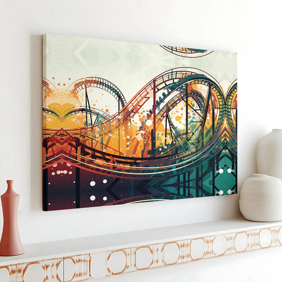 Roller Coaster Canvas Wall Art | Vibrant Abstract Theme Park Print | Premium Gallery Wrapped Decor | Modern Office Home Gift