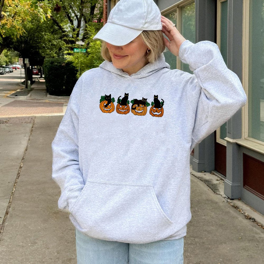 Black Cat Halloween Hoodie | Cute Jack-O-Lantern Pumpkin Graphic | Soft Cotton-Blend Premium Pullover | Gift for Cat Lovers & Fall Enthusiasts