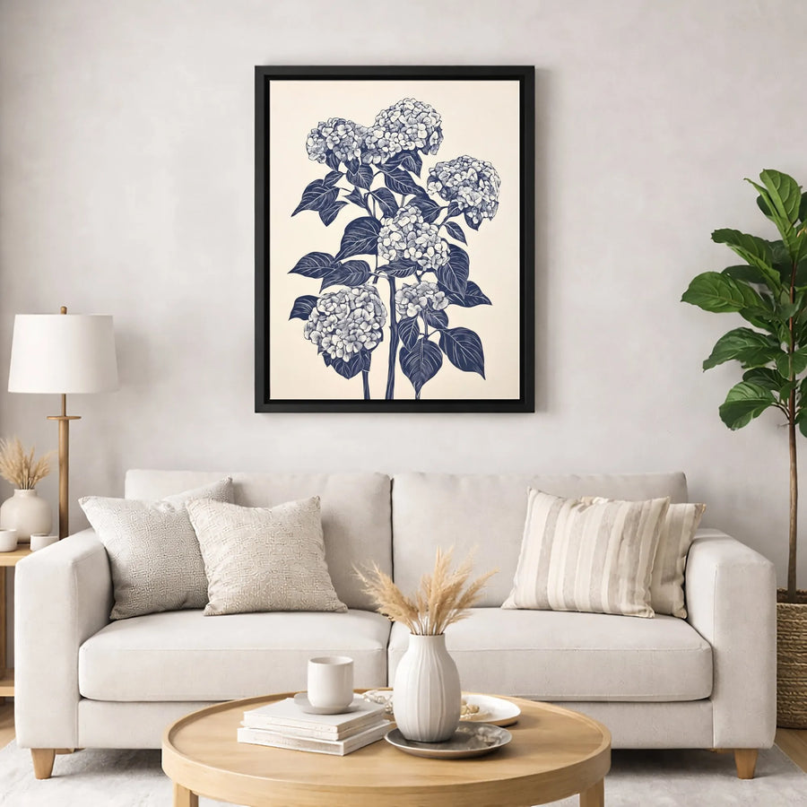 Blue Hydrangea Botanical Wall Art | Vintage Sketch Illustration Print | Premium 1.25-Inch Gallery Canvas | Nature Home Decor Gift