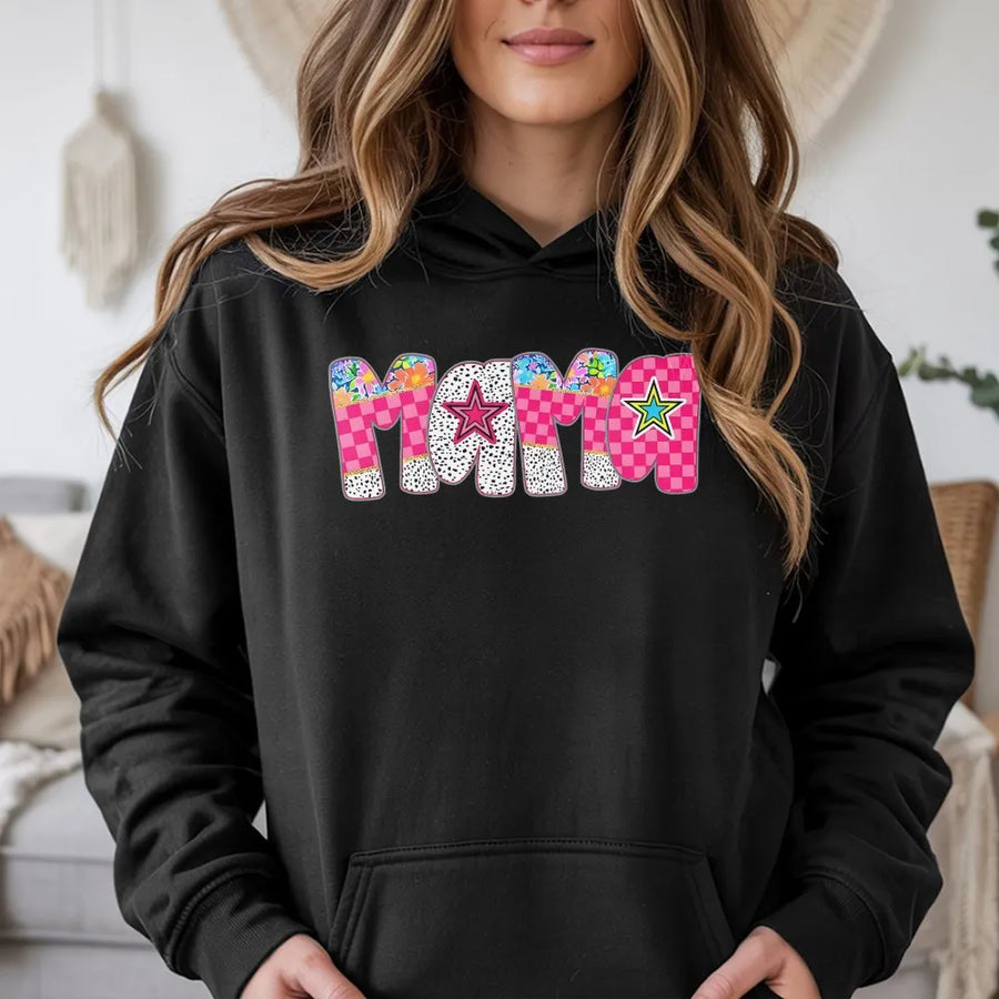 Mama Hoodie With Retro Checkered Star | Boho Floral Typography Design | Cotton-Poly Blend Premium Comfort | Gift For Mom Mother's Day 2026 Birthday