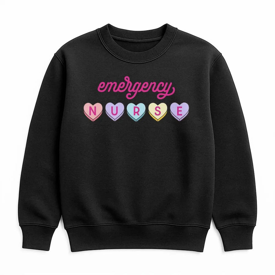 Emergency Nurse Sweatshirt | Valentine Candy Heart Design | Premium Cotton Blend | Cute ER Nursing School Graduation Gift for Her