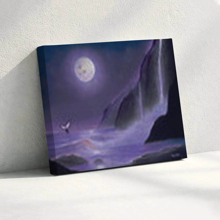 Mystical Seascape Canvas Print | Full Moon Over Waterfall Art | Premium 1.25" Thick Canvas | Spiritual Home Decor Gift