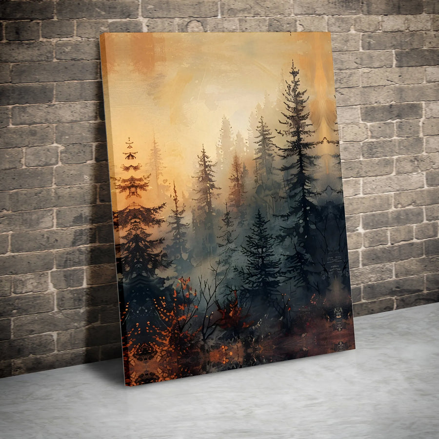 Misty Pine Forest Wall Art | Watercolor Sunrise Landscape Canvas | Premium Fade-Resistant Print | Nature Inspired Modern Home Decor