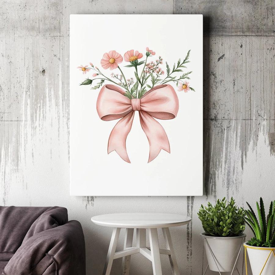 Watercolor Floral Bouquet Vertical Canvas | Pink Ribbon Bow Wildflower Art Print | Premium Gallery Wrapped Canvas | Nursery Wall Decor Gift for Girls Room