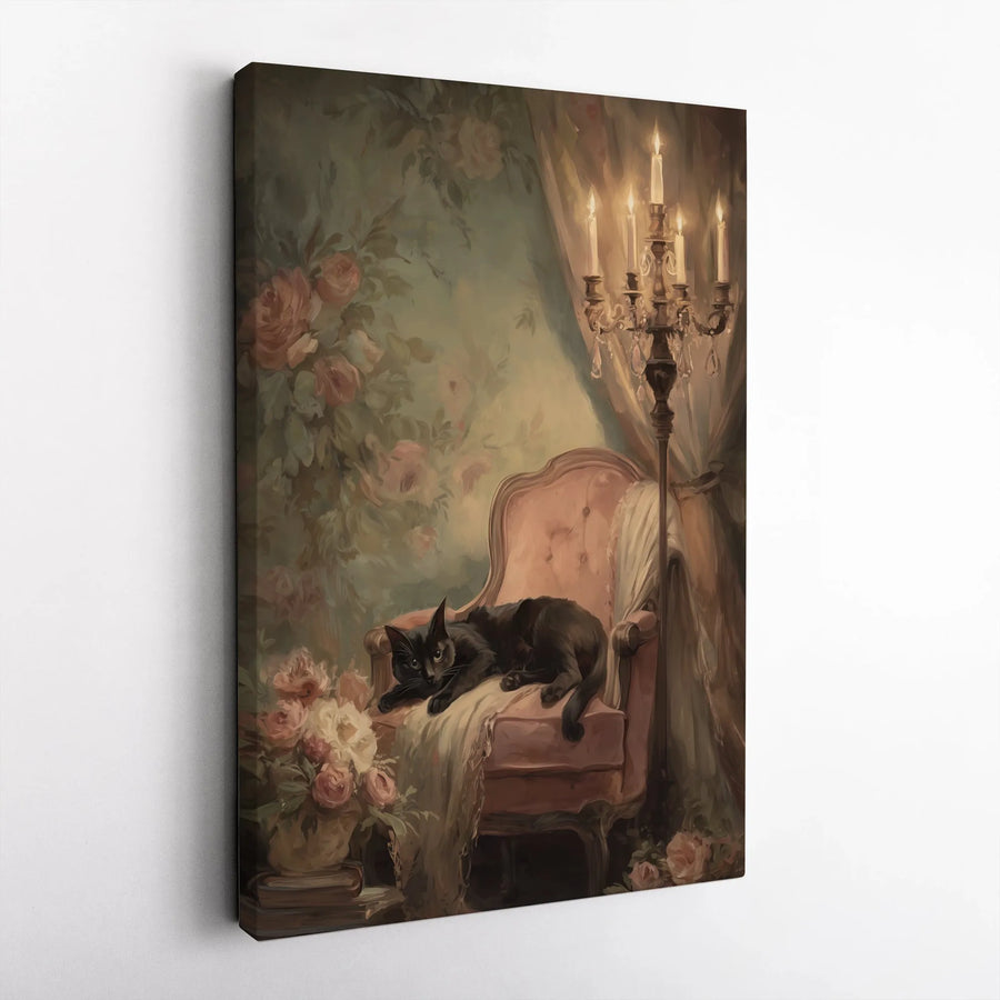 Black Cat Canvas Wall Art | Vintage Victorian Aesthetic with Candelabra | Premium Fade-Resistant Print | Moody Gothic Home Decor Gift
