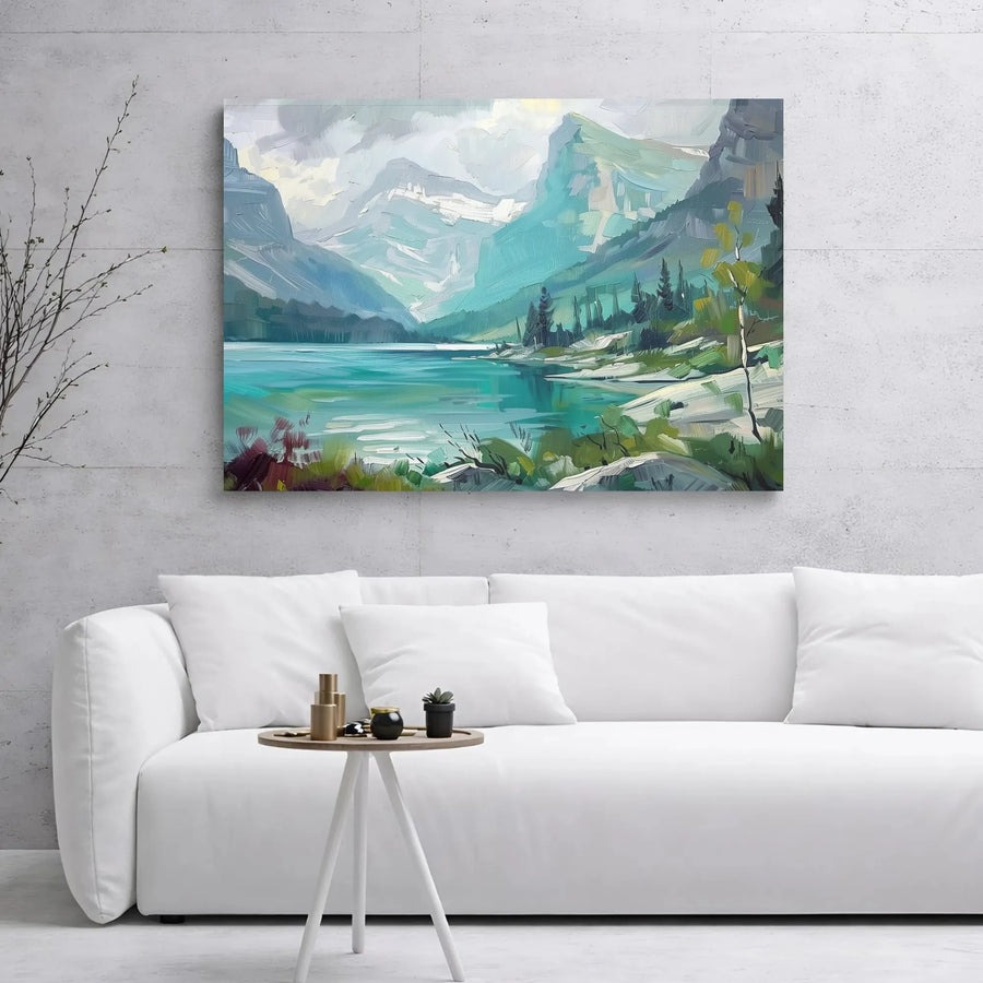 Mountain Lake Canvas Print | Impressionist Alpine Landscape | 1.25 Inch Gallery Wrap | Nature Wall Art for Modern Home Decor
