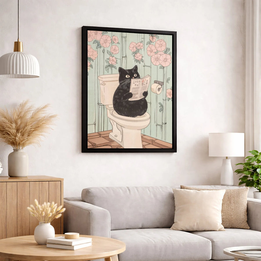 Black Cat Reading on Toilet Canvas Print | Quirky Japanese Ukiyo-e Style Wall Art | Premium Gallery Wrapped | Funny Bathroom Decor Gift for Cat Lovers