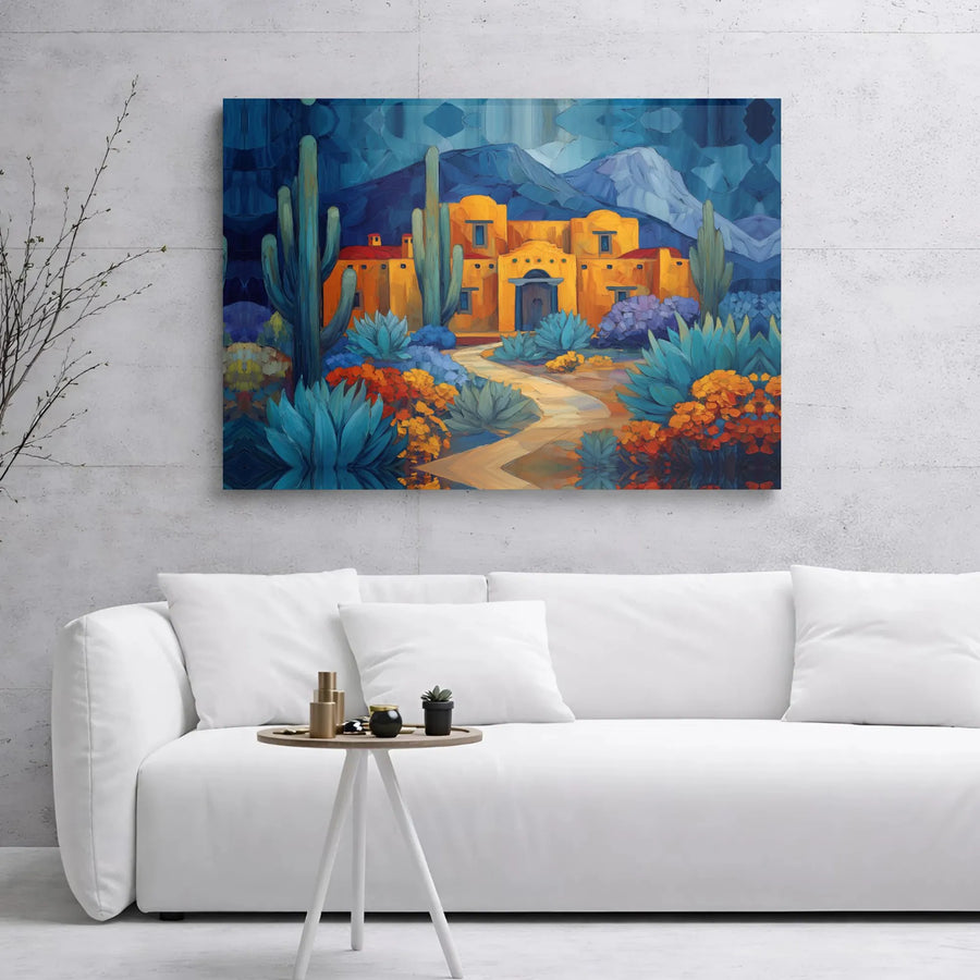 Southwestern Adobe Hacienda Canvas Art | Desert Landscape with Saguaro Cacti | Premium Gallery Wrap Wall Decor | Rustic Home Office Gift