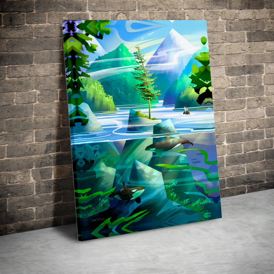 Orca Whale Canvas Wall Art | Mountain River Nature Landscape | Premium Fade-Resistant Gallery Wrap | Modern Coastal Home Decor