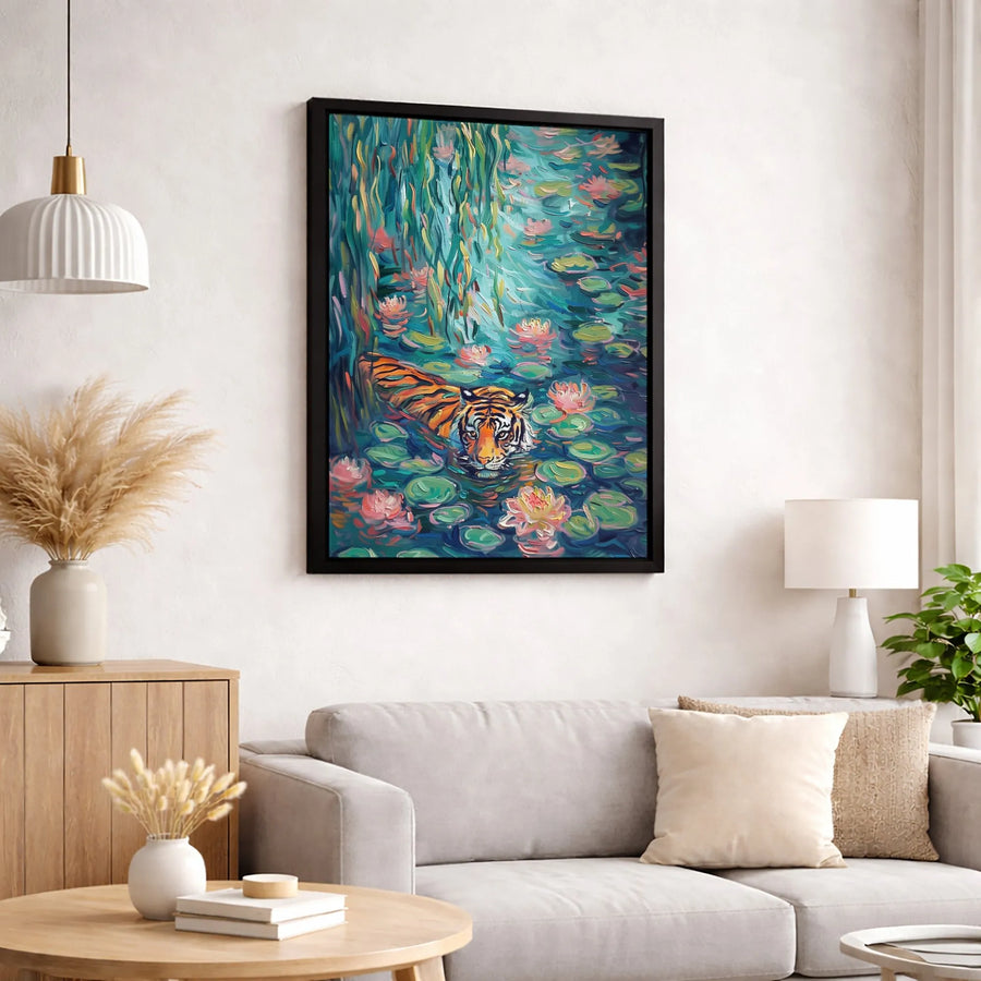 Tiger In Water Lily Pond Canvas Art | Impressionist Wildlife Oil Painting Style | Premium 1.25" Gallery Wrap | Nature Home Decor Gift