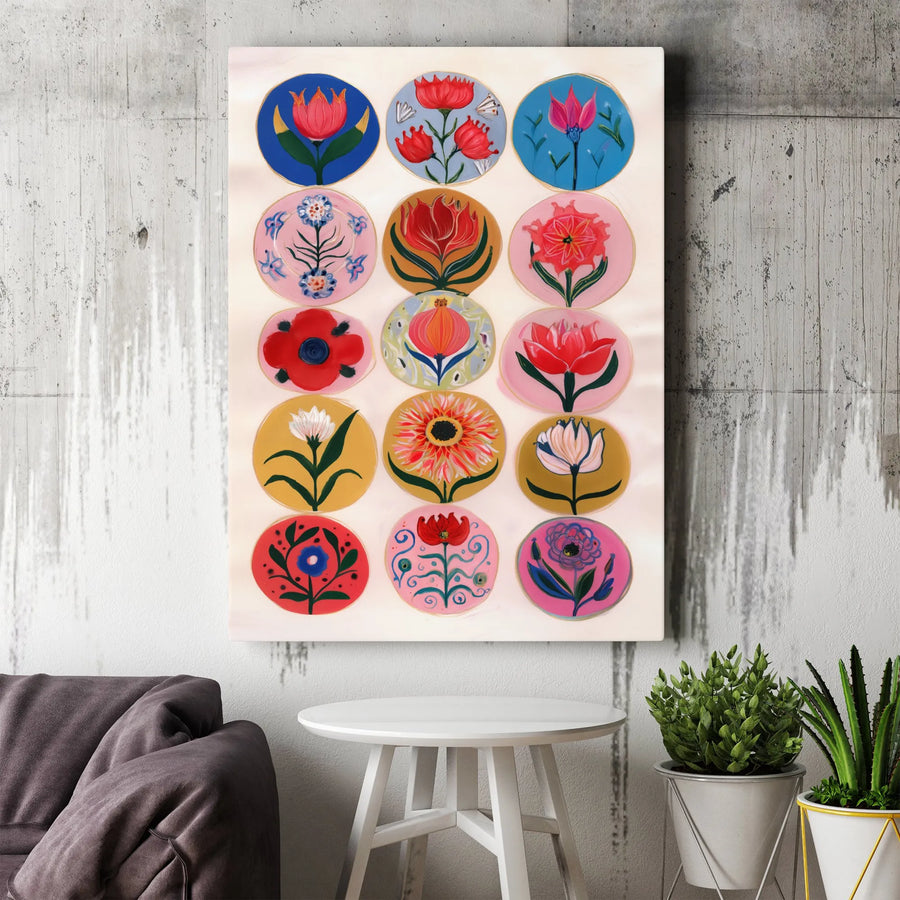 Folk Art Floral Canvas Print | Vibrant Botanical Medallions Wall Art | Premium Gallery Quality Canvas | Boho Living Room Decor Gift