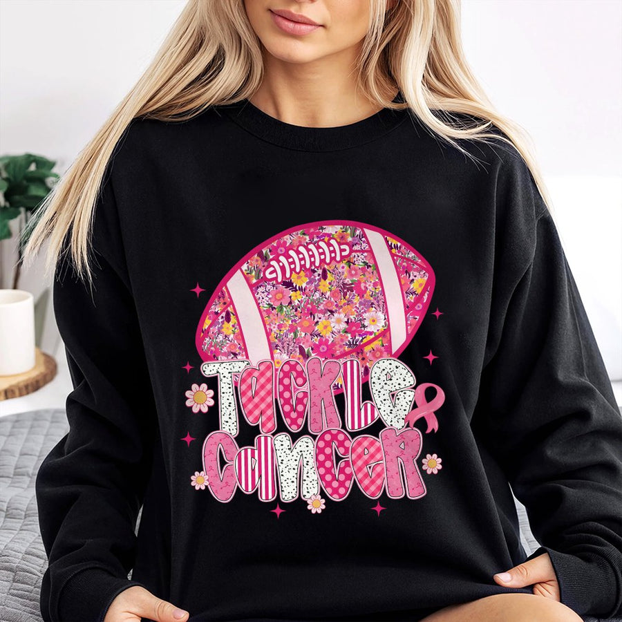Tackle Cancer Football Sweatshirt | Floral Breast Cancer Awareness Design | Premium Cotton-Poly Blend | Supportive Gift for Survivors