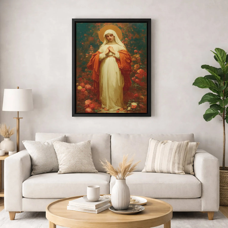 Virgin Mary Wall Art | Sacred Mother in Rose Garden Canvas Print | 1.25-Inch Gallery Wrap | Premium Religious Decor for Home or Church