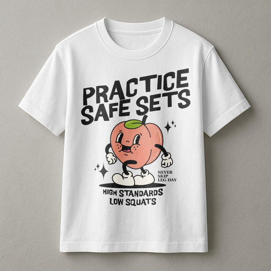 Practice Safe Sets Gym T-Shirt | Funny Peach Workout Graphic | Premium Soft Cotton Tee | Humorous Fitness Gift for Squat Lovers