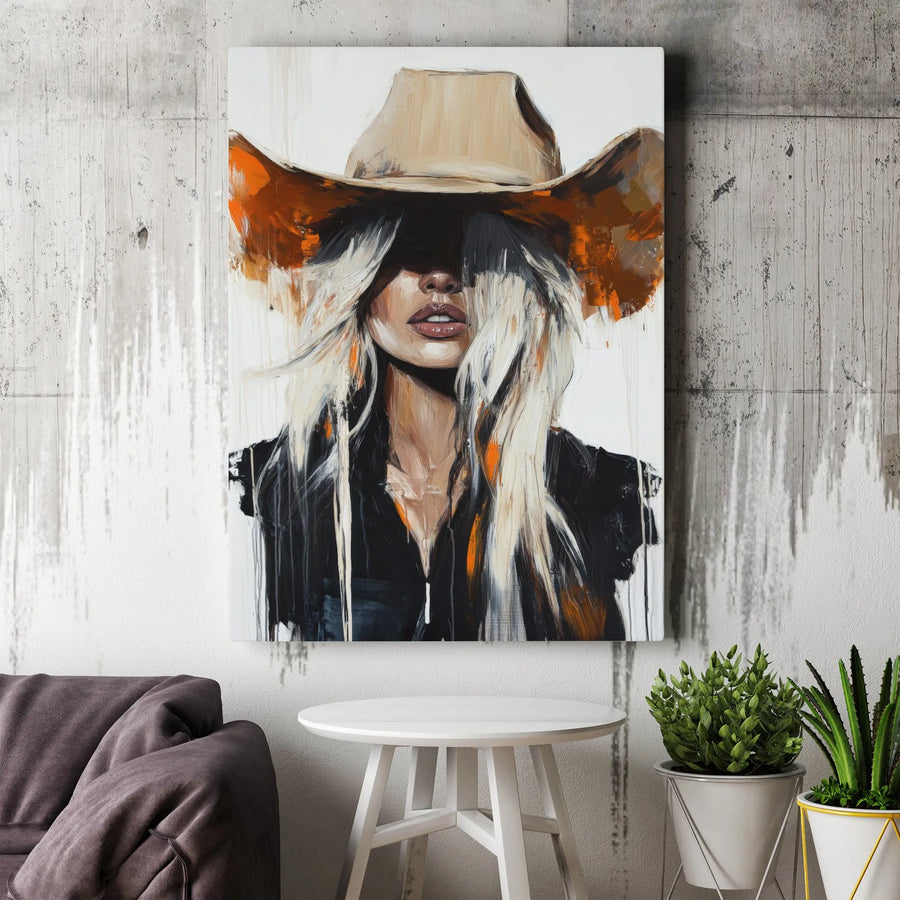 Western Cowgirl Canvas Wall Art | Abstract Blonde Woman Oil Painting Style | Premium 1.25" Gallery Wrap | Modern Home Decor Gift for Her