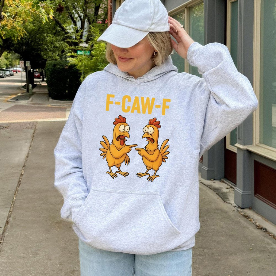 F-Caw-F Chicken Hoodie | Funny Pointing Rooster Cartoon Graphic | Premium Cotton Blend Pullover | Humorous Farm Animal Gift For Men Women