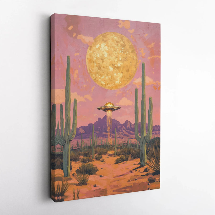 UFO Desert Canvas Wall Art | Retro Sci-Fi Arizona Desert Scene | Premium Frameless Print | Unique Gift for Sci-Fi Fans