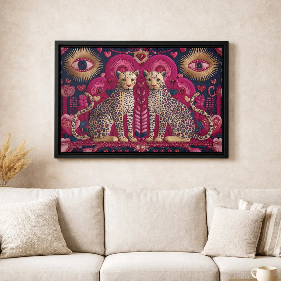 Twin Cheetah Leopard Canvas Art | Bohemian Folk Art Embroidery Style | Gallery-Wrapped Premium Print | Whimsical Animal Wall Decor for Home