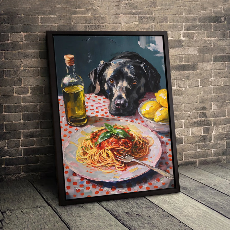 Black Labrador Wall Art | Whimsical Dog Eating Spaghetti Oil Painting Style | Premium Gallery Wrap Canvas | Unique Kitchen Decor Gift for Pet Lovers
