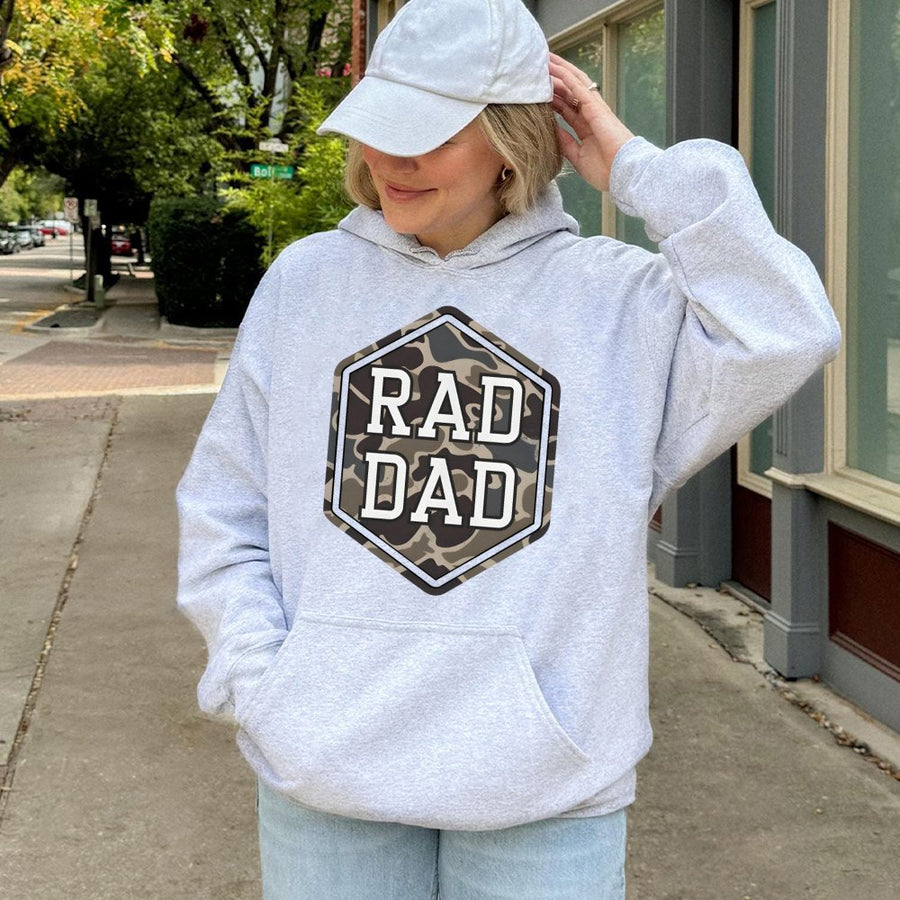 Rad Dad Hoodie | Camo Hexagon Graphic Print | Premium Cotton-Poly Blend | Funny Father's Day 2026 Gift for New Dad or Husband