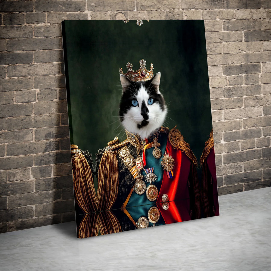 Regal Cat Portrait Canvas Wall Art | Royal Military King with Crown | 1.25-Inch Gallery Wrap | Whimsical Pet Lover Gift Decor