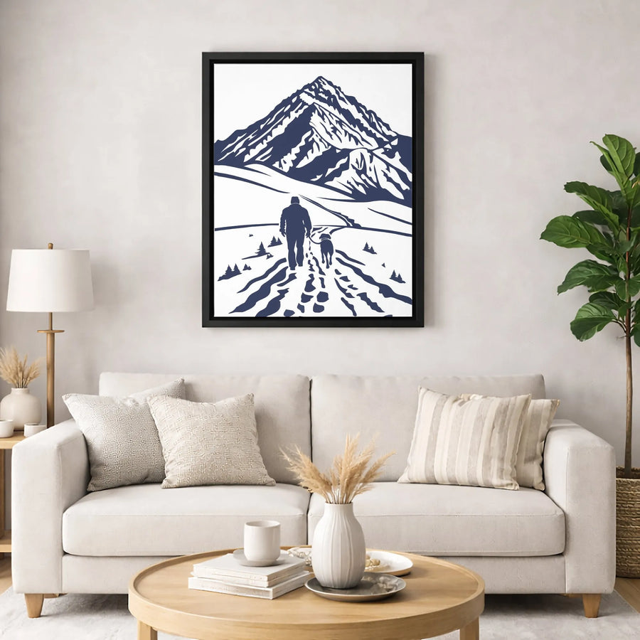 Man And Dog Hiking Canvas Wall Art | Snowy Mountain Peak Graphic | Premium 1.25-Inch Gallery Wrap | Adventure Gift For Dog Lovers