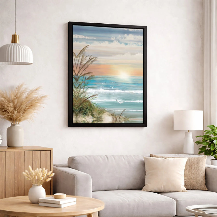 Coastal Beach Sunset Wall Art | Seagulls and Sea Grass Landscape Print | Premium 1.25" Gallery Wrapped Canvas | Serene Ocean Home Decor Gift