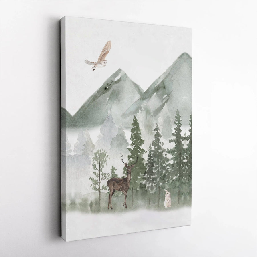 Watercolor Woodland Nursery Canvas | Forest Deer Owl and Rabbit Wall Art | Premium Gallery Wrap | Nature-Inspired Gift for Kids Room Decor