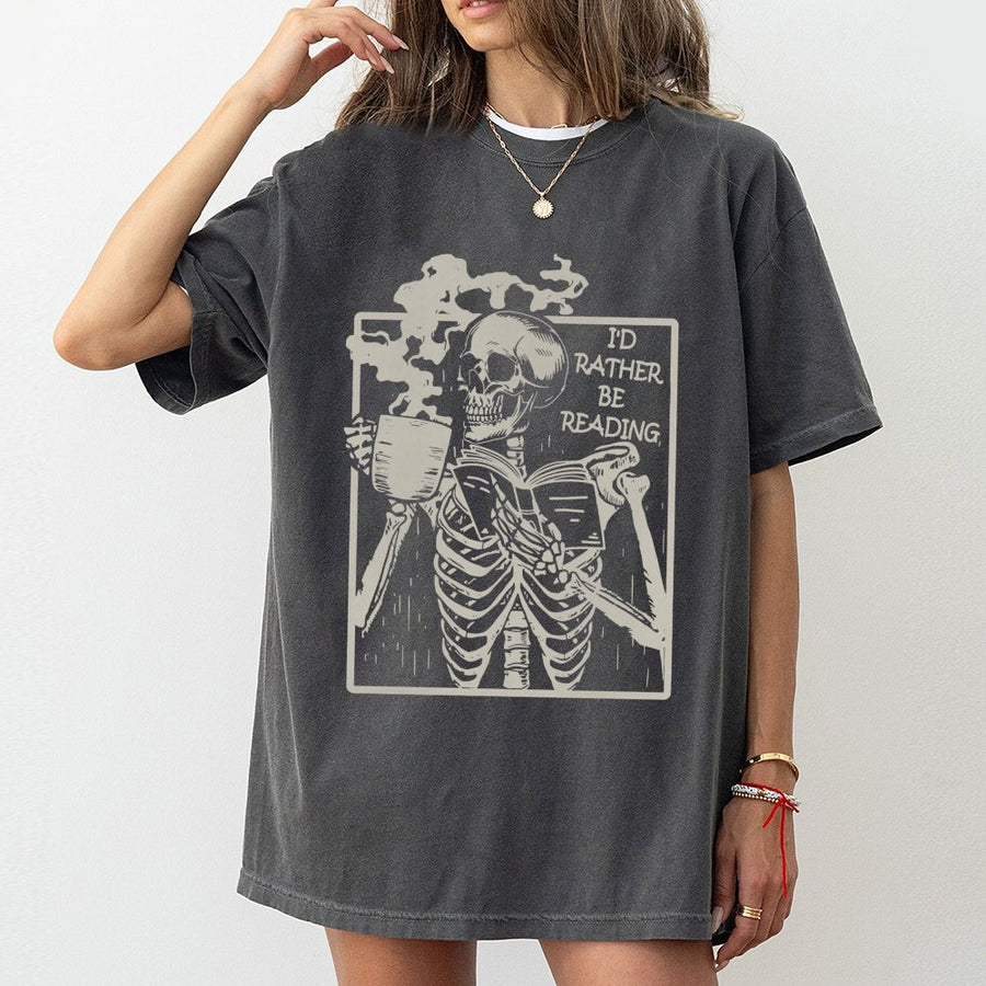 I'd Rather Be Reading Skeleton T-Shirt | Vintage Book Lover Graphic Tee | 100% Cotton Premium Quality | Perfect Gift for Readers & Librarians