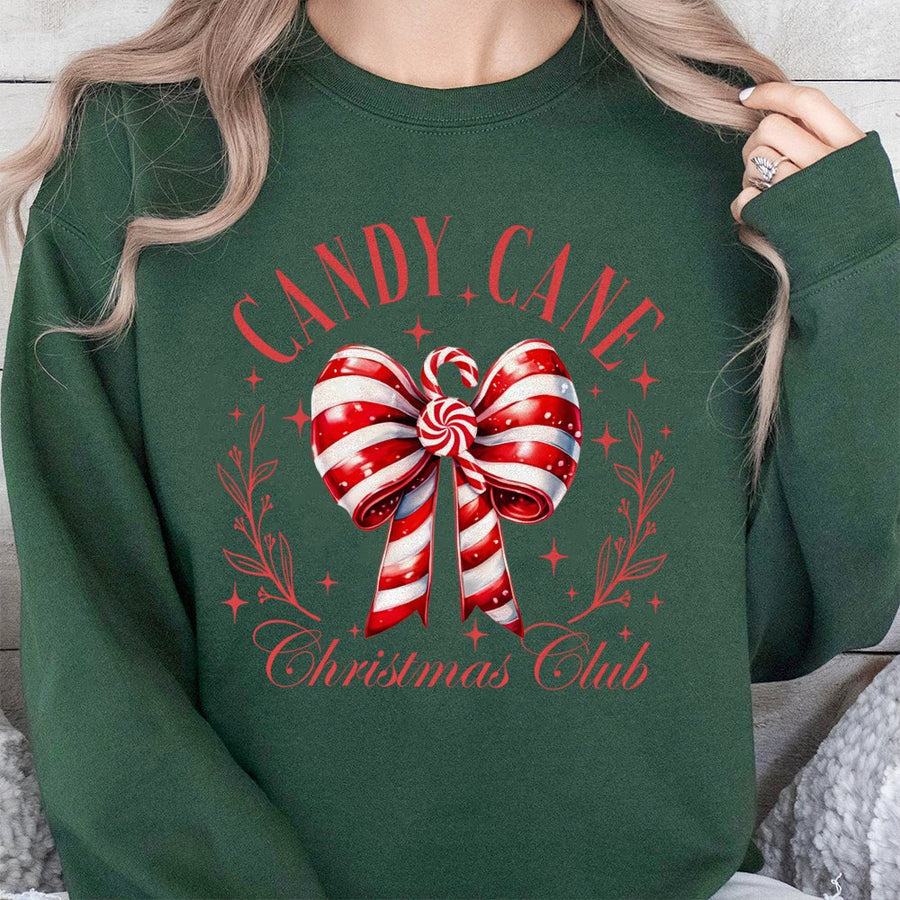 Candy Cane Christmas Club Sweatshirt | Festive Holiday Ribbon Graphic | Soft Cotton Blend | Cozy Gift for Women and Holiday Party Lovers
