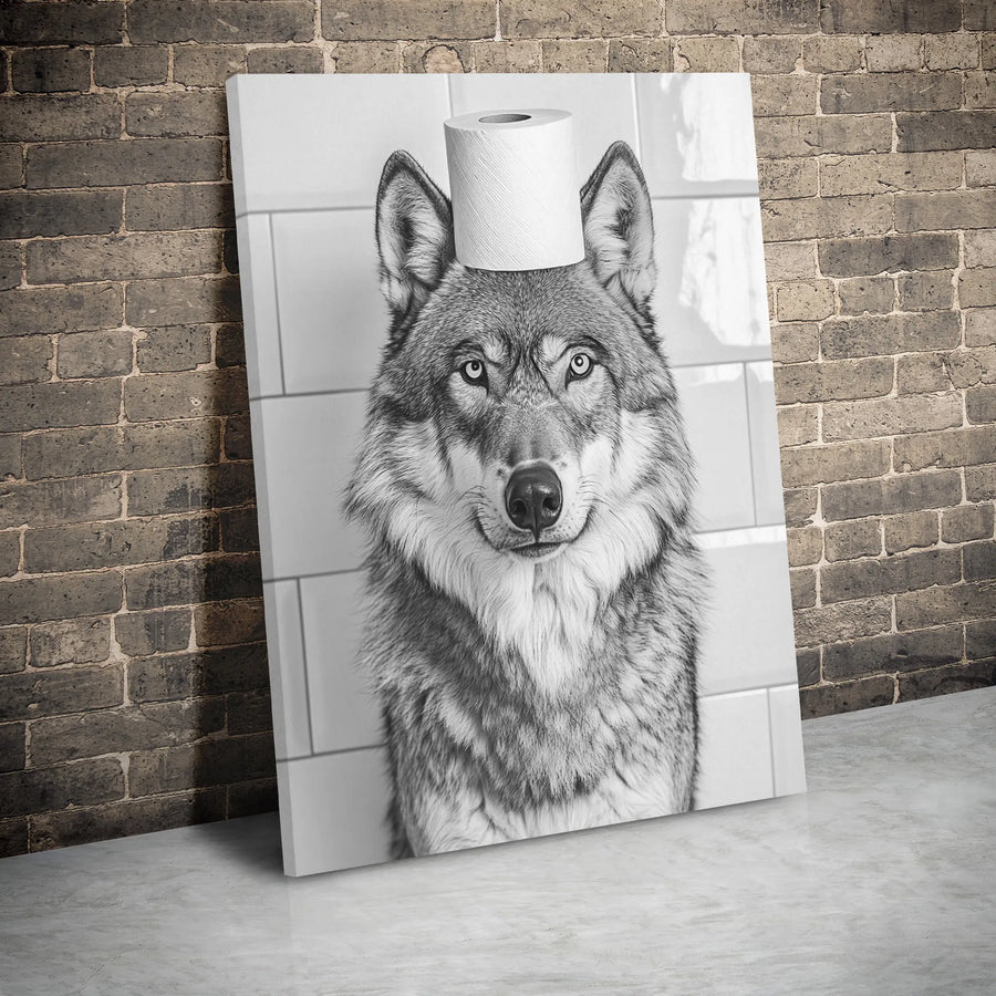 Wolf Bathroom Wall Art | Funny Animal Toilet Paper Head Canvas | Premium Gallery Wrap Print | Whimsical Home Decor Gift