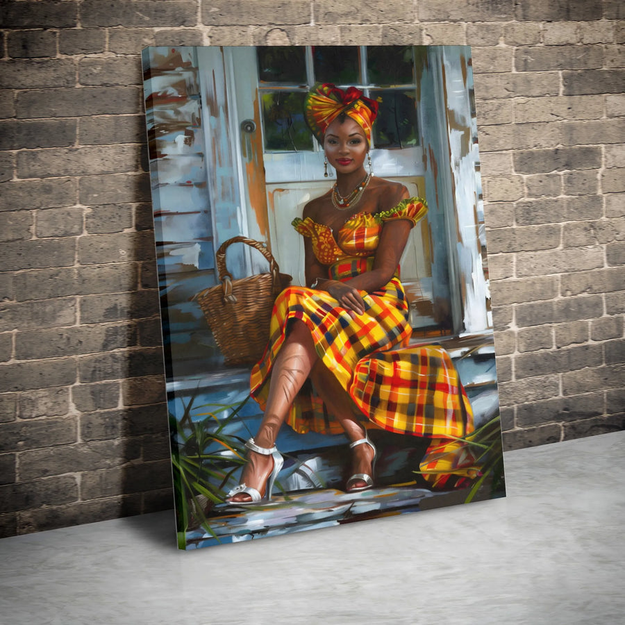 Caribbean Woman Canvas Print | Traditional Madras Dress Portrait | Gallery-Quality Wall Art | Vibrant Cultural Decor for Home