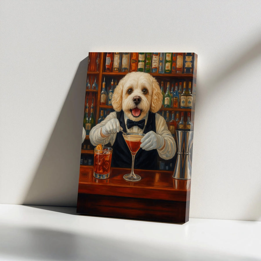 Dog Bartender Canvas Wall Art | Whimsical Cocktail Mixing Dog Portrait | Premium 1.25" Gallery Wrap | Unique Home Bar Decor Gift for Dog Lovers