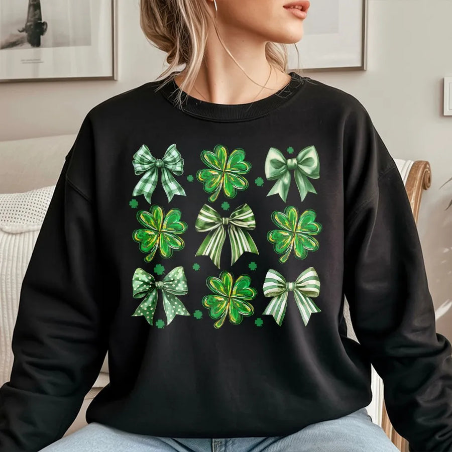 St. Patricks Day Coquette Bow Sweatshirt | Aesthetic Shamrock Ribbon Design | Premium Cotton Blend | Lucky Irish Gift for Her