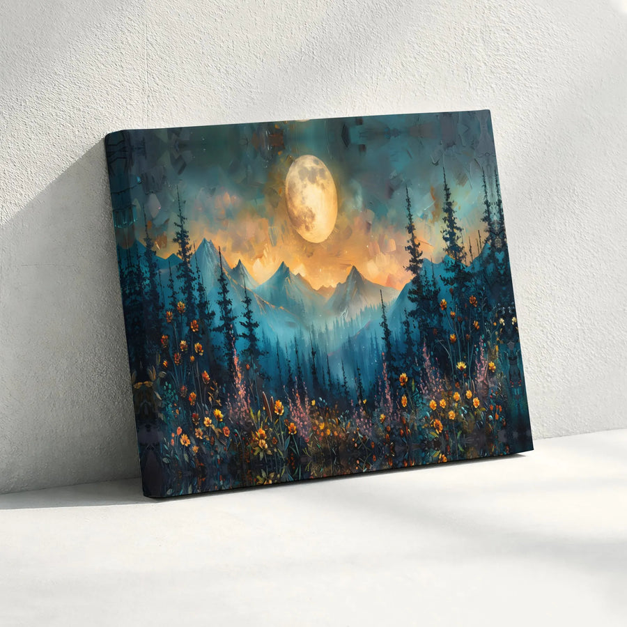 Mountain Forest Wall Art | Moonlit Wildflower Landscape | Gallery-Wrapped Canvas Print | Nature Home Decor Gift