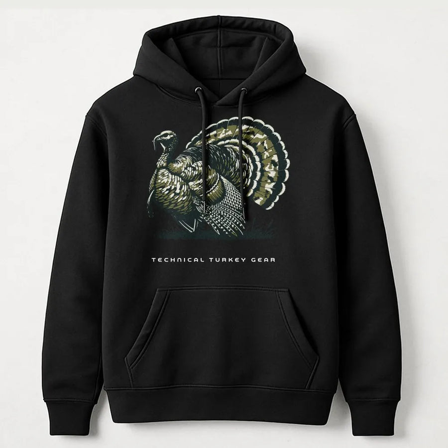 Turkey Hunting Hoodie | Vintage Strutting Gobbler with Camo Feathers Graphic | Premium Cotton Tee | Outdoorsman Gift for Hunters
