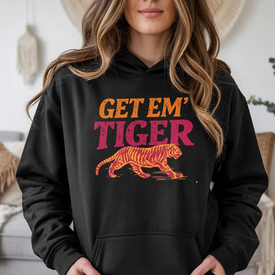 Get Em Tiger Shirt | Retro Mascot Graphic Tee for Game Day | Soft Cotton School Spirit Wear | Gift for Sports Fan, Student, or Alumni