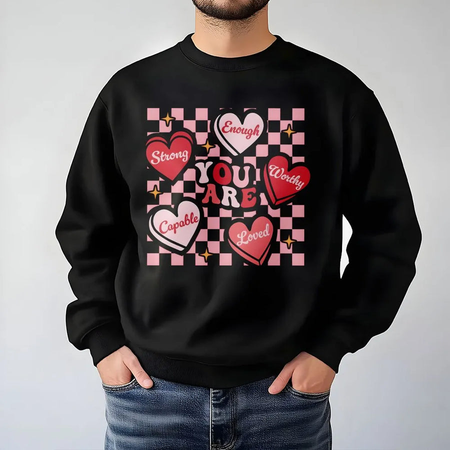 You Are Enough Sweatshirt | Retro Checkerboard Heart Graphic | Premium Cotton Blend | Inspirational Mental Health Gift for Women & Teachers