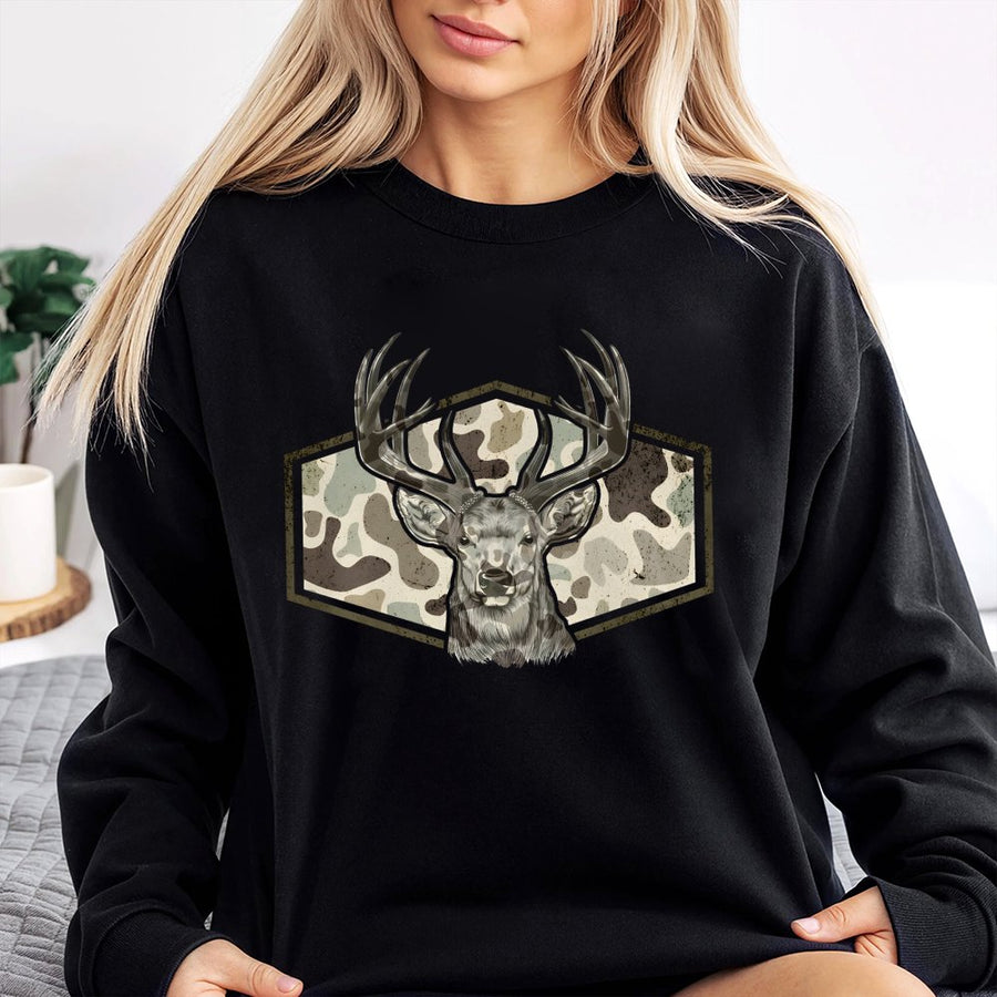 Deer Hunting Sweatshirt | Retro Camo Stag Head Graphic | Premium Cotton Blend | Gift for Outdoorsmen and Hunters